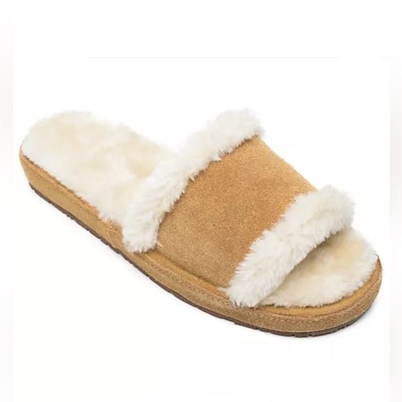 Minnetonka Shoes - Minnetonka Suede Leather Faux Fur Open Toe Slippers Slides Tan Womens Size 7